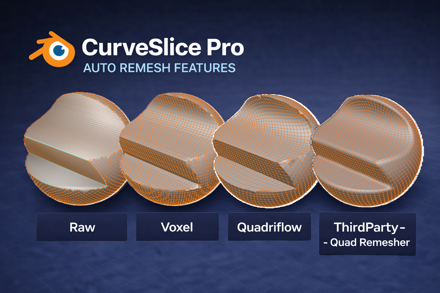 CurveSlice Pro Auto Remesh — Raw, Voxel, Quadriflow, and Quad Remesher comparison